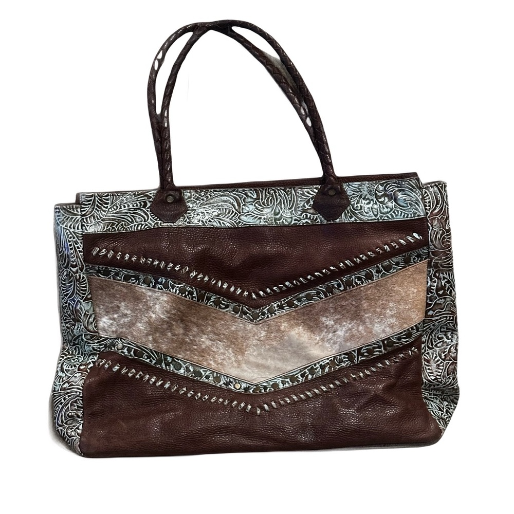 Brown and Cream Tote Bag with Chevron Panels and Studded Edges